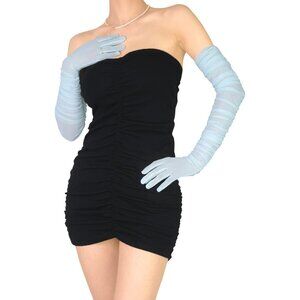 Women's Light Blue Sexy Tulle Sheer Mesh Long Satin Gloves Party Prom Costume